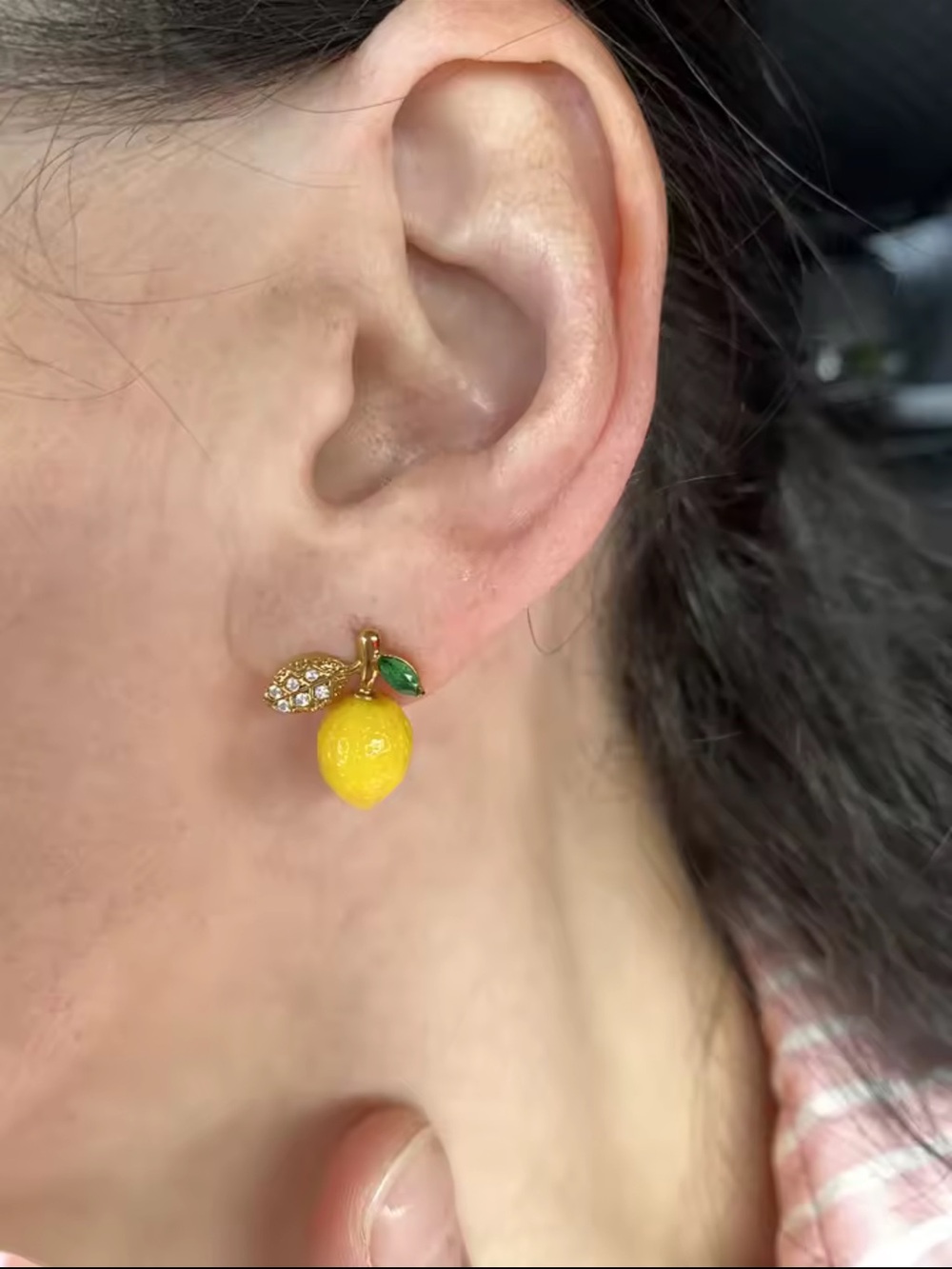 Gold Lemon Drop Earrings with Yellow Enamel and Green Crystal Leaf - Picture 4 of 8